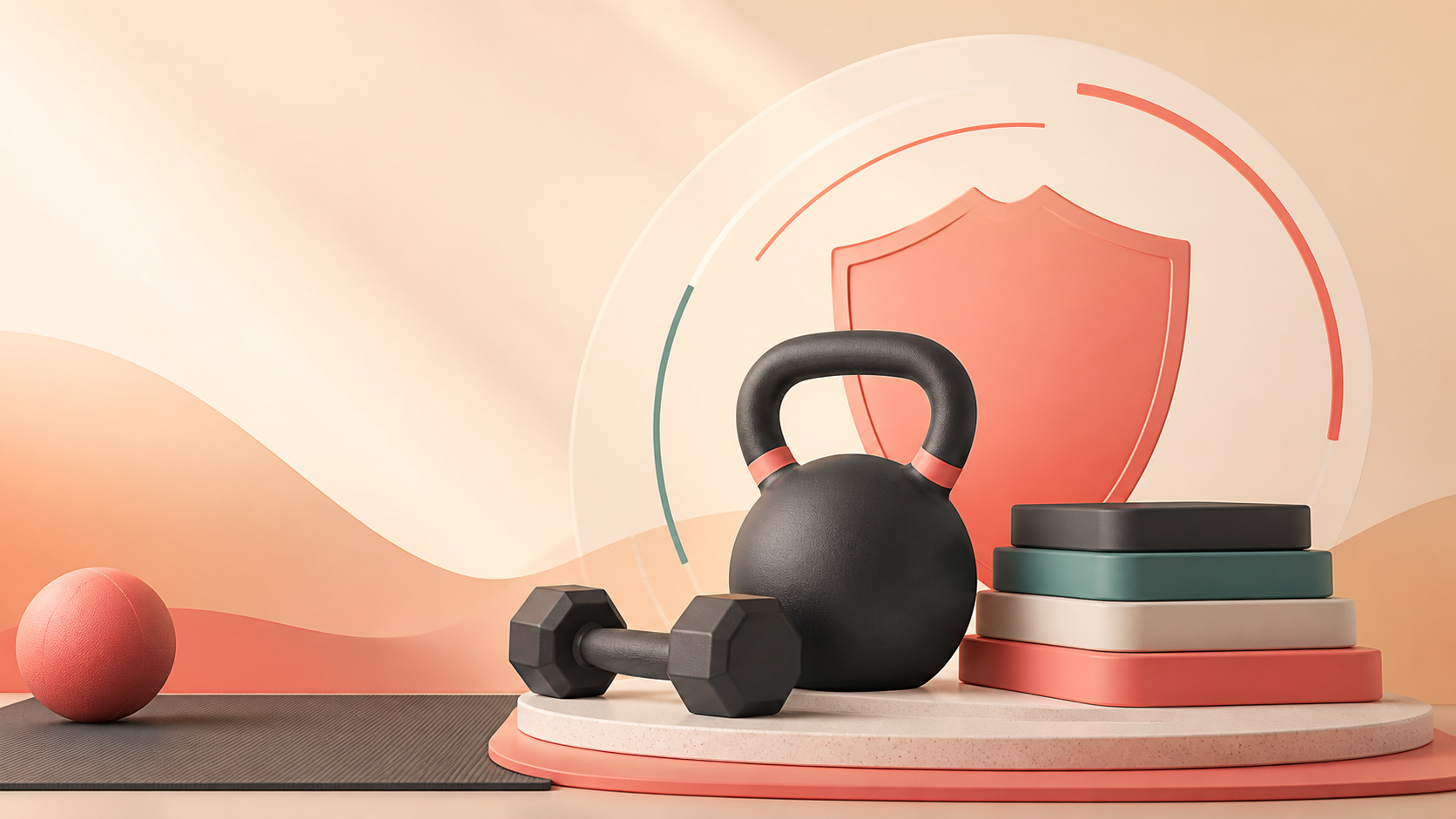 Abstract menopause strength training hero with kettlebell, dumbbell, shield shape, blocks, and progress arcs