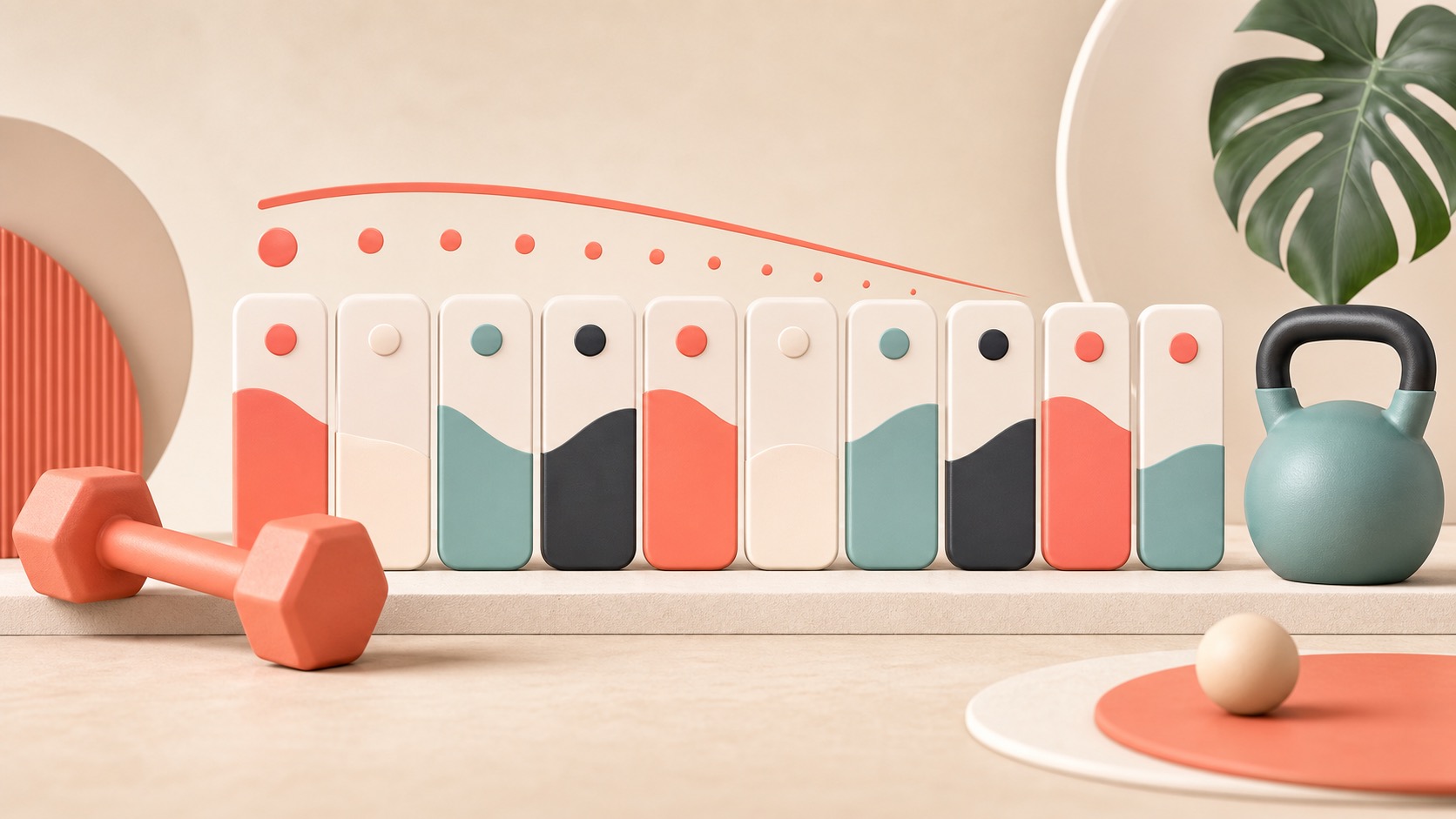 Abstract ranked strength training apps hero with dumbbell, kettlebell, comparison blocks, dots, and progress arc