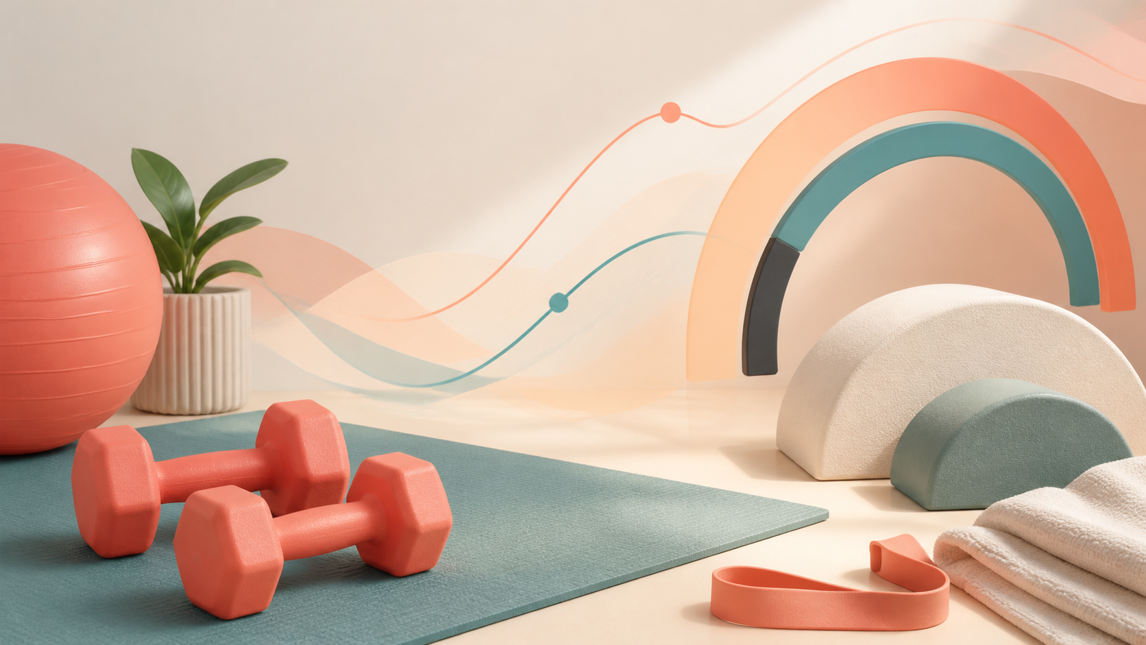 Abstract perimenopause workout app hero with dumbbells, mat, recovery blocks, energy waves, and progress arcs