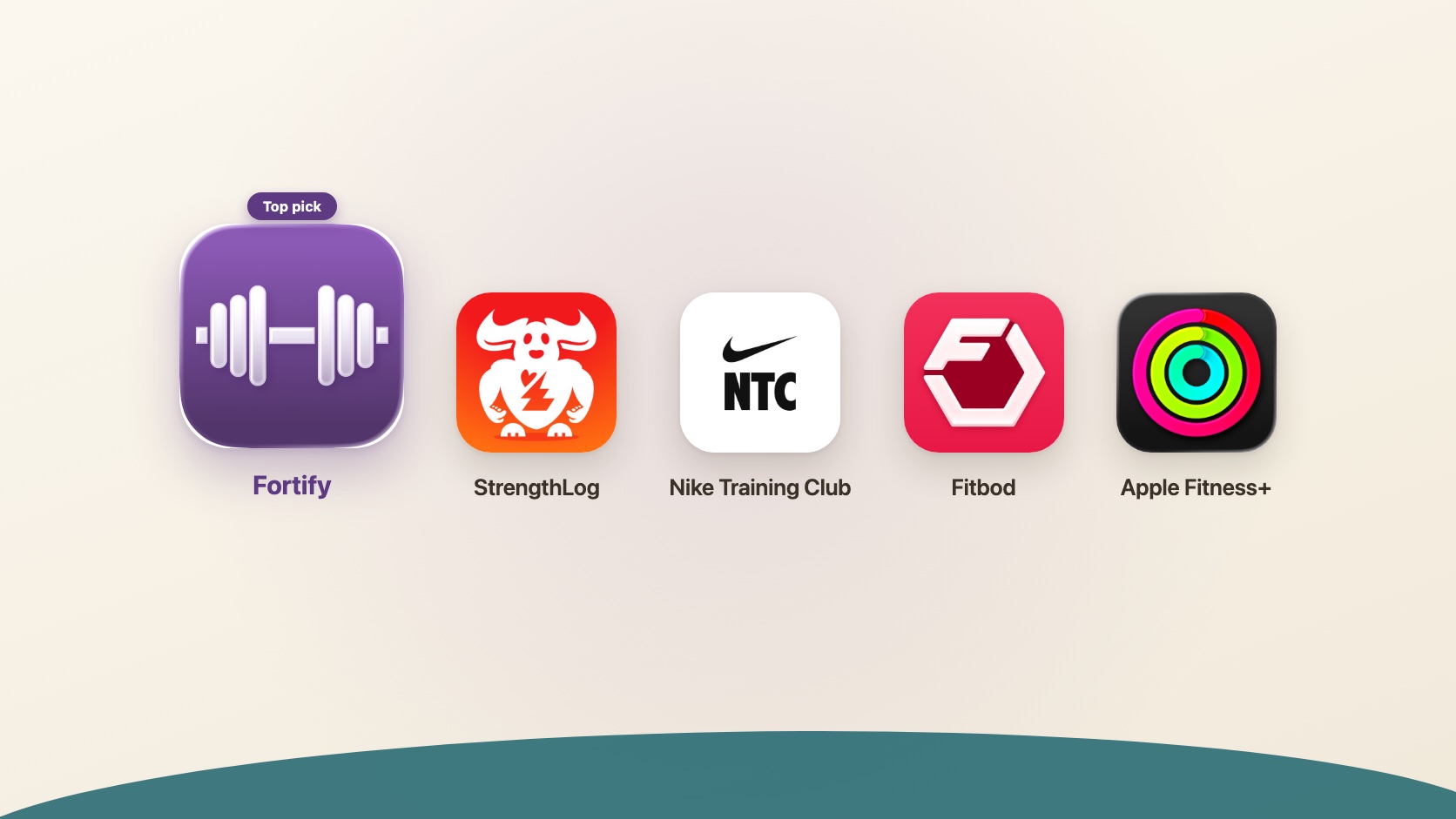 App icons for Fortify, StrengthLog, Nike Training Club, Fitbod, and Apple Fitness+, the five apps compared in this roundup, with Fortify marked as the top pick