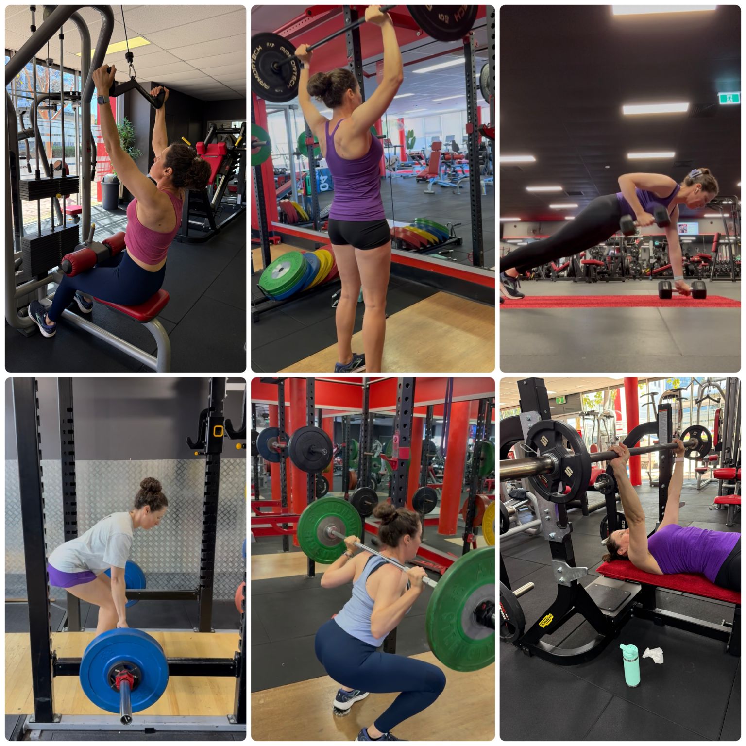 A six photo collage of Claire McGregor strength training in the gym.