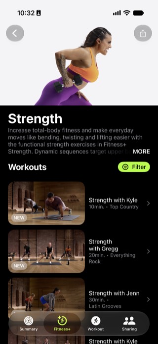 Apple Fitness+ Strength category showing a list of guided strength classes led by named trainers