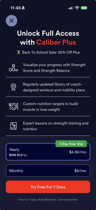 Caliber Plus paywall screen showing a Yearly plan at $59 per year discounted from $108, with a 7-day free trial, and a Monthly plan at $9 per month with no trial