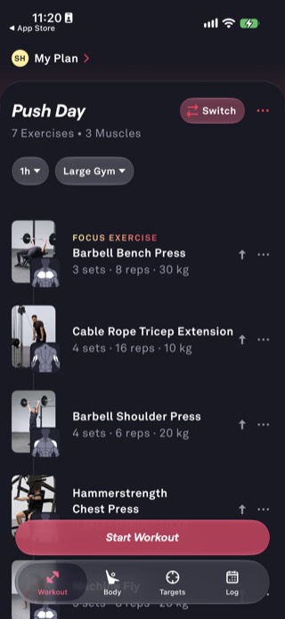 Fitbod generated Push Day workout with specific sets, reps, and weights for each exercise
