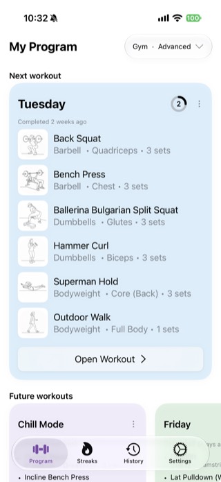 Fortify My Program screen showing the next scheduled workout with its exercise list