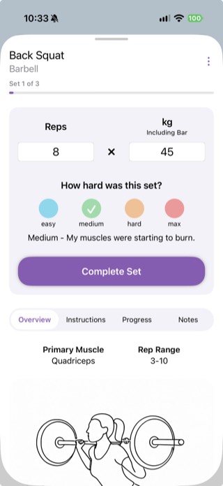 Fortify set logging screen asking how hard a Back Squat set felt, with an RPE selector