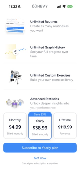Hevy Pro pricing screen showing Monthly, Yearly, and Lifetime plans in Australian dollars, with no free trial offered on any plan