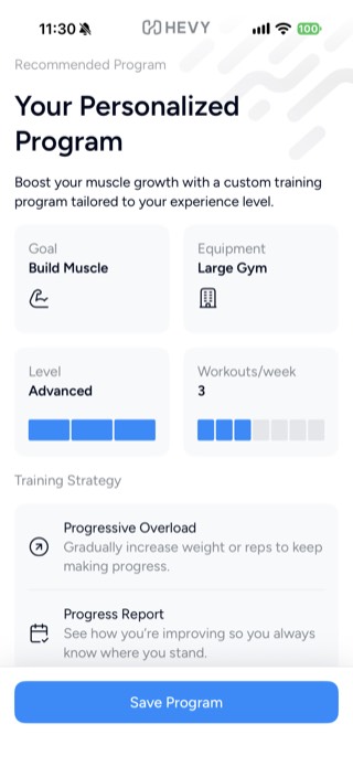 Hevy Your Personalized Program screen showing Build Muscle goal, Advanced level, 3 workouts per week, and Progressive Overload training strategy, with a Save Program button
