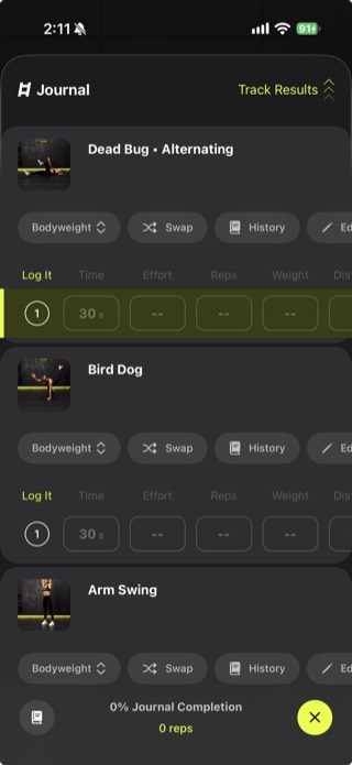 Ladder Journal screen with optional Time, Effort, Reps, and Weight fields for Dead Bug and Bird Dog exercises, all left blank