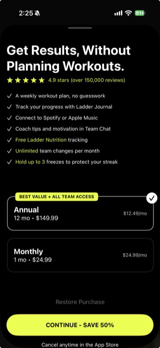Ladder pricing screen showing an Annual plan at 149.99 dollars per year (12.49 per month) and a Monthly plan at 24.99 dollars per month, in Australian dollars