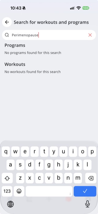 StrengthLog in-app search for perimenopause returning zero programs and zero workouts