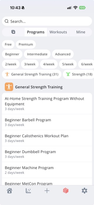 StrengthLog Programs library showing a long generic list of strength training programs