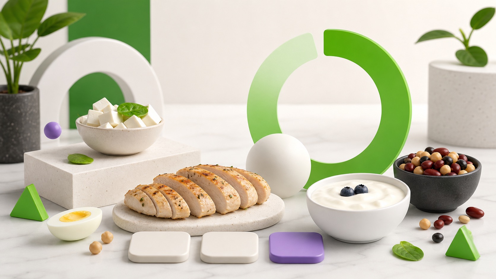 Abstract protein intake tracking hero with protein foods, green progress ring, and blank macro tiles