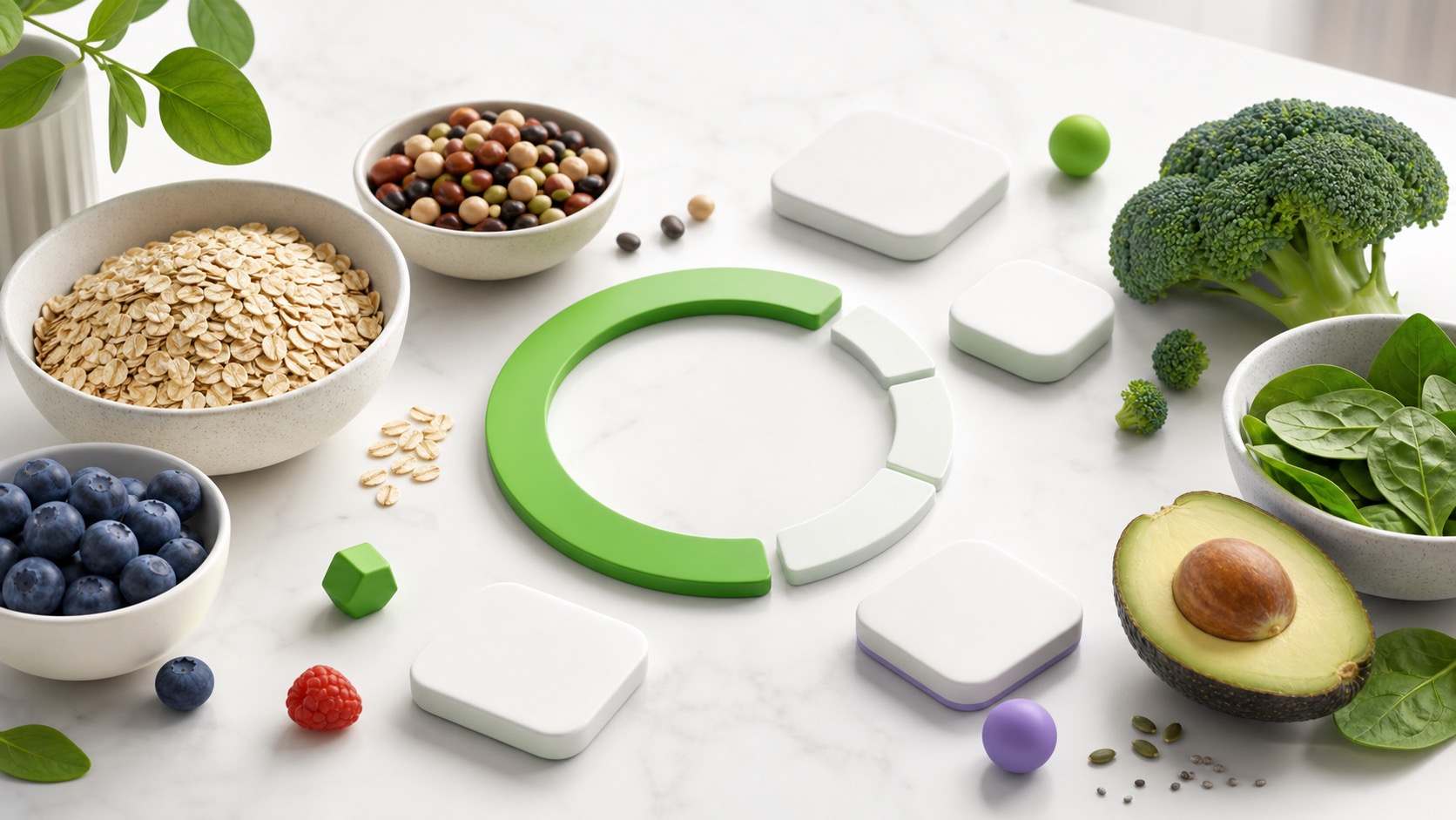 Abstract fiber tracker hero with oats, berries, beans, broccoli, avocado, green progress ring, and blank tracking tiles