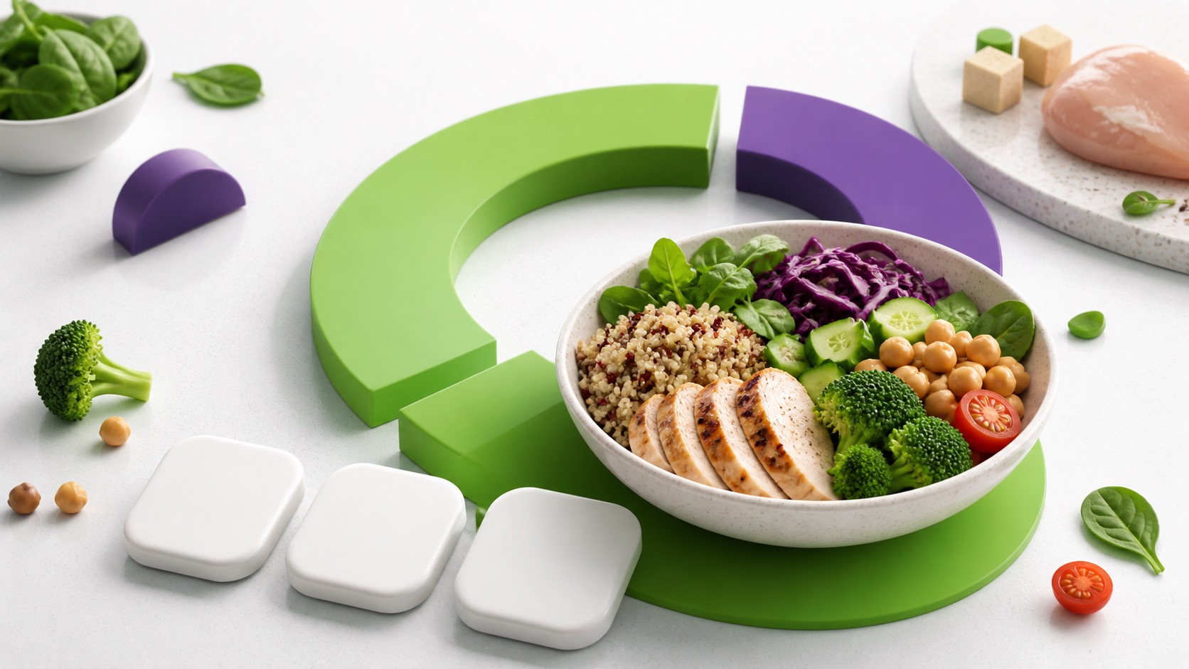 Abstract protein and calorie tracker hero with meal bowl, macro rings, and blank tracking tiles