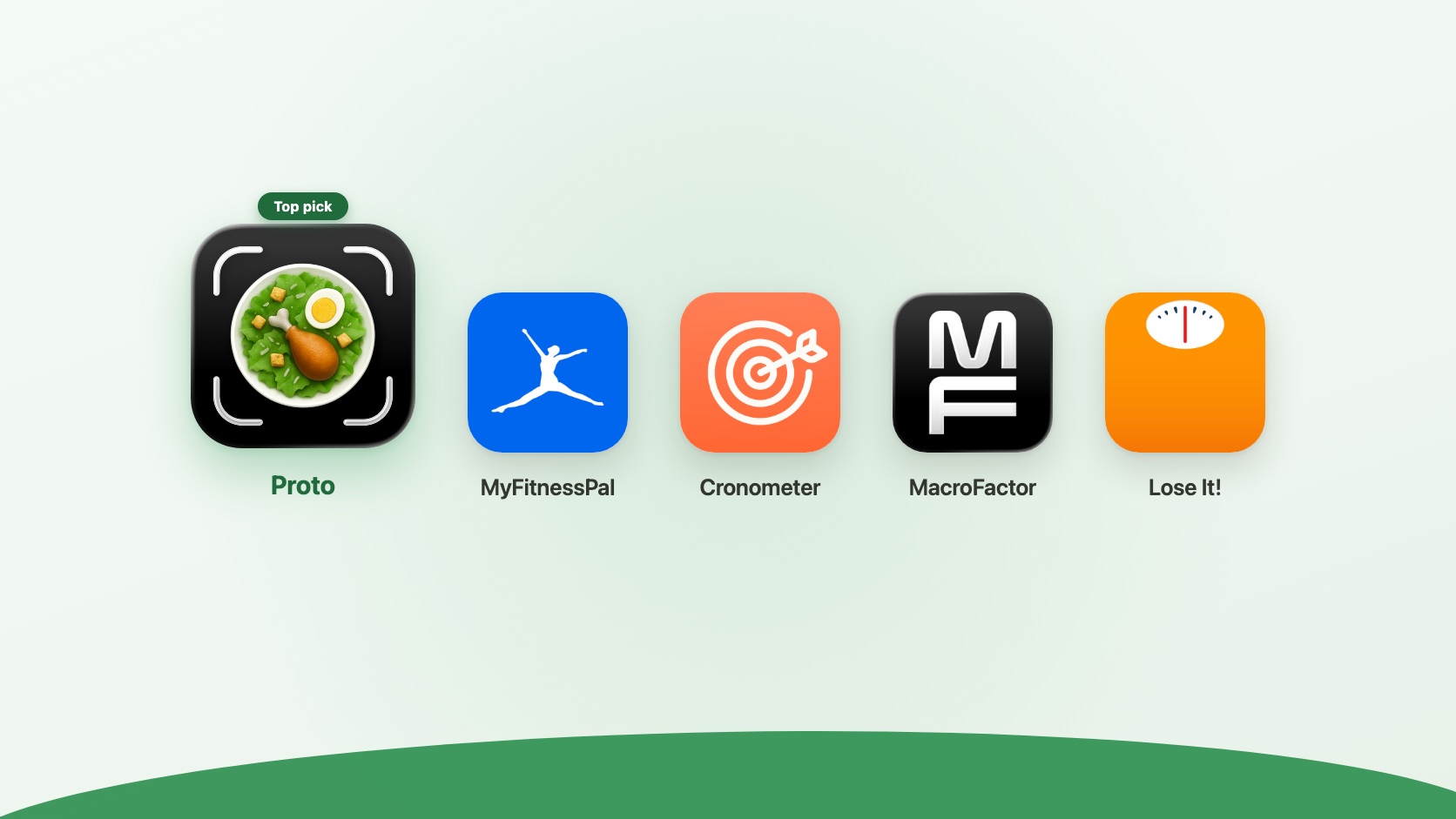 App icons for Proto, MyFitnessPal, Cronometer, MacroFactor, and Lose It!, the five apps compared in this roundup, with Proto marked as the top pick