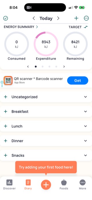 Cronometer Diary screen showing Consumed, Expenditure, and Remaining in kilojoules, plus an ad banner for an unrelated app