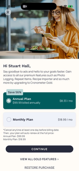 Cronometer Gold paywall showing an Annual Plan at 99.99 dollars and a Monthly Plan at 18.99 dollars, in Australian dollars
