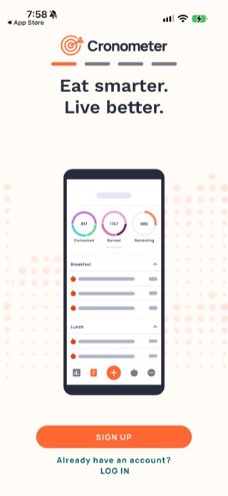 Cronometer onboarding welcome screen with the tagline Eat smarter, live better