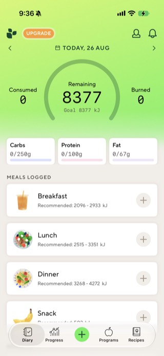 Lifesum Diary screen showing a kilojoule goal and Carbs, Protein, and Fat tiles, with Meals Logged showing recommended kilojoule ranges per meal
