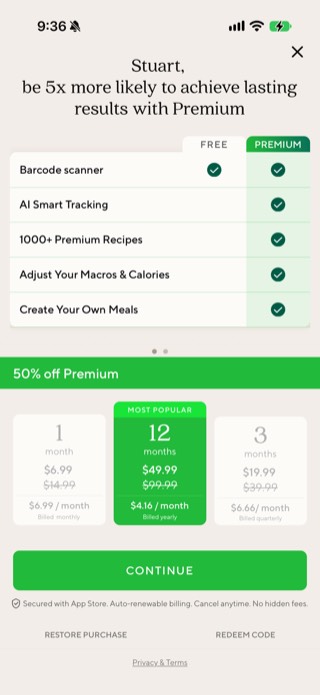 Lifesum Premium paywall with a personalized greeting, a Free versus Premium feature table, and three pricing plans in Australian dollars