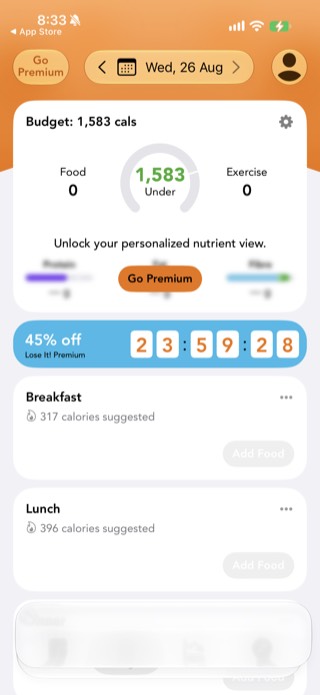 Lose It! Budget screen with a blurred personalized nutrient view for Protein, Fat, and Fiber behind a Go Premium button