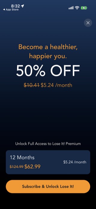 Lose It! paywall showing 50 percent off a 12 Months plan, in Australian dollars, with no separate monthly plan offered