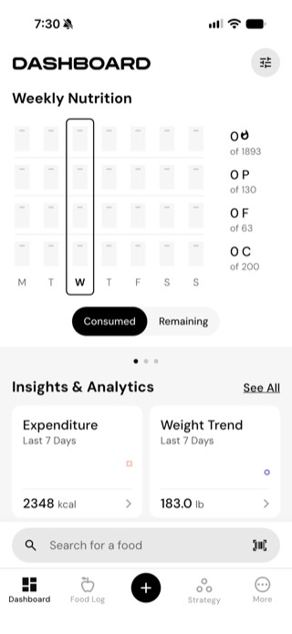 MacroFactor Dashboard showing a Weekly Nutrition grid with Consumed and Remaining toggle, plus Expenditure and Weight Trend insight cards