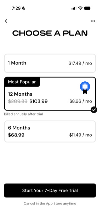 MacroFactor pricing screen showing 1 Month, 12 Months, and 6 Months plans, in Australian dollars