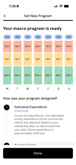 MacroFactor Set New Program screen showing a full week of daily targets at 1893 kcal, 130g protein, 63g fat, and 200g carbs