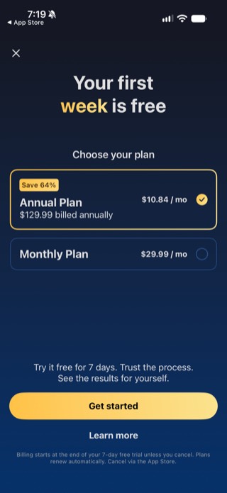 MyFitnessPal paywall screen showing an Annual Plan at 129.99 dollars per year (10.84 per month) and a Monthly Plan at 29.99 dollars per month, in Australian dollars, with a 7-day free trial
