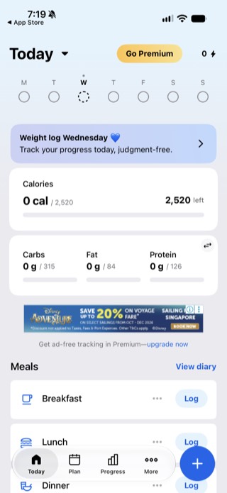 MyFitnessPal Today screen showing Calories, then Carbs, Fat, and Protein in a row below, with a banner ad and a Go Premium button