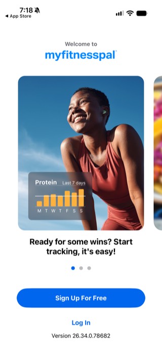 MyFitnessPal welcome onboarding screen with a Protein last 7 days bar chart and a Sign Up For Free button