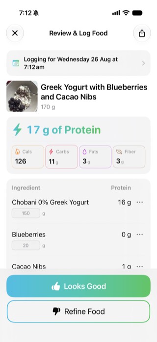 Proto Review and Log Food screen after a photo capture, showing a per-ingredient protein breakdown with editable gram amounts