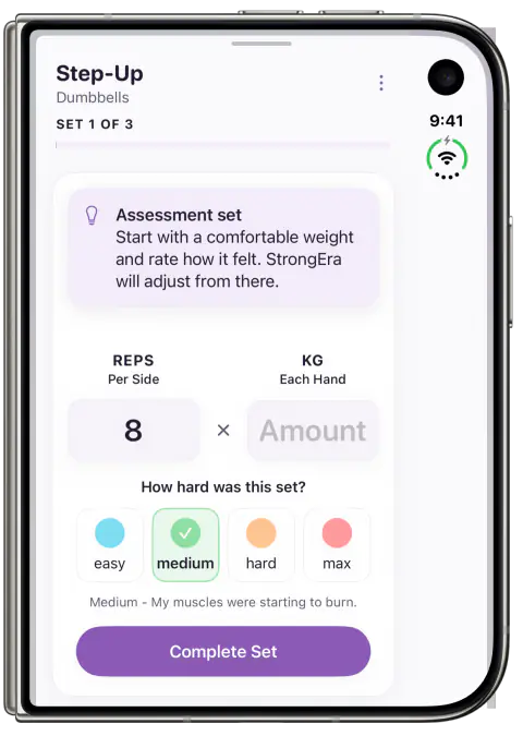 StrongEra set logging on the folded iPhone Duo cover screen in a single column layout