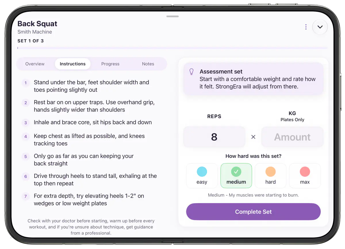 StrongEra Back Squat instructions listed step by step beside the set logging panel in landscape on iPhone Duo