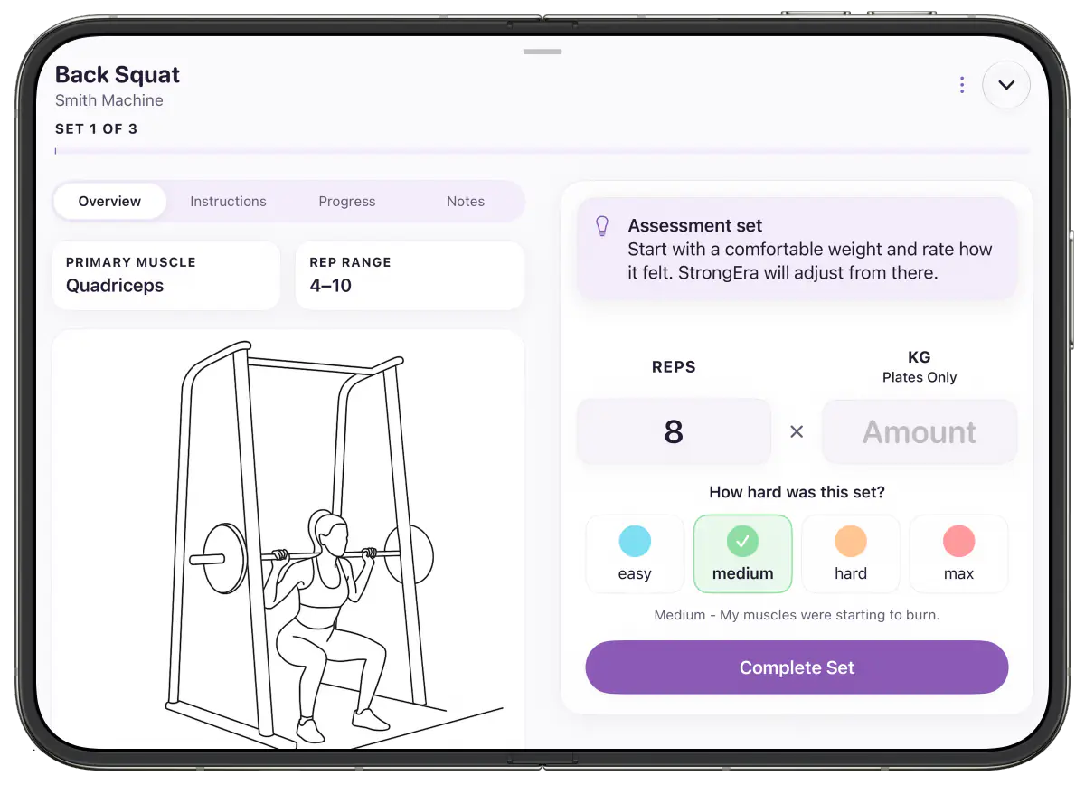 StrongEra Back Squat set entry in landscape on iPhone Duo, with an illustration on the left and set logging on the right