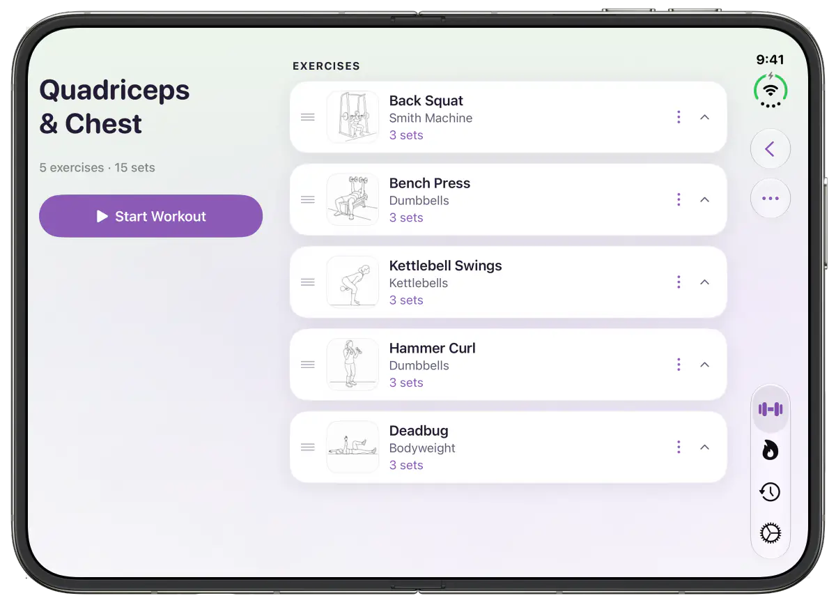 StrongEra workout overview in landscape on iPhone Duo, showing the Start Workout button beside the exercise list