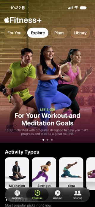 Apple Fitness+ Explore tab showing Activity Types including Strength, Yoga, and Meditation