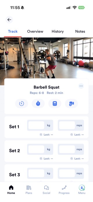 Caliber workout tracking screen for a Barbell Squat with a video demo, rep and rest targets, and empty weight and rep fields for three sets