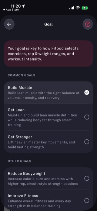 Fitbod Goal selection screen showing Build Muscle, Get Lean, Get Stronger, and other goals