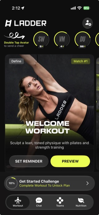 Ladder home screen showing a Welcome Workout with Set Reminder and Preview buttons, and a Get Started Challenge prompting completion to unlock the plan