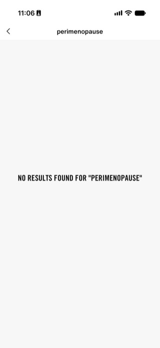Nike Training Club in-app search for perimenopause returning no results