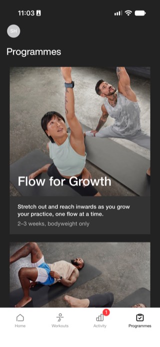 Nike Training Club Programmes tab showing a yoga programme led by a female instructor