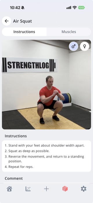 StrengthLog Air Squat exercise demo video screen, showing a male model