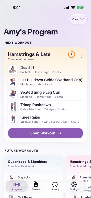 StrongEra My Program screen showing the next scheduled workout with its exercise list