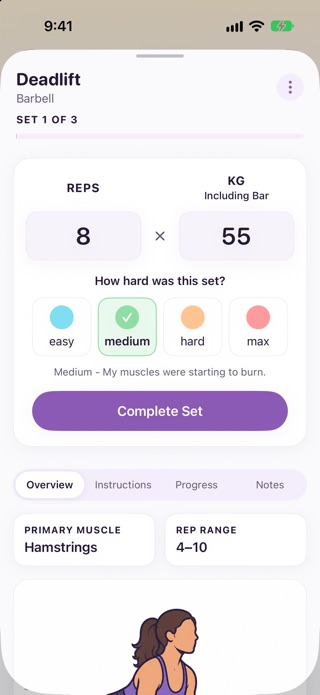 StrongEra set logging screen asking how hard a Deadlift set felt, with an easy to max effort selector