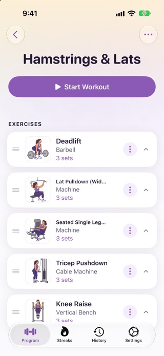 StrongEra workout day screen listing the exercises in the workout, ready to start