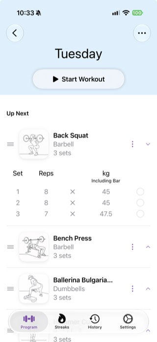 StrongEra workout day screen showing Back Squat sets, reps, and weights already logged