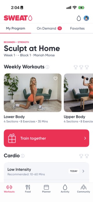 Sweat My Program screen showing the Sculpt at Home program with Lower Body and Upper Body weekly workouts